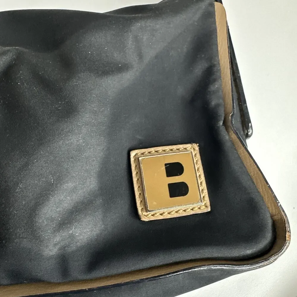 Bally Vintage Black Beige Nylon Leather Baguette Shoulder Bag Purse Made Italy
